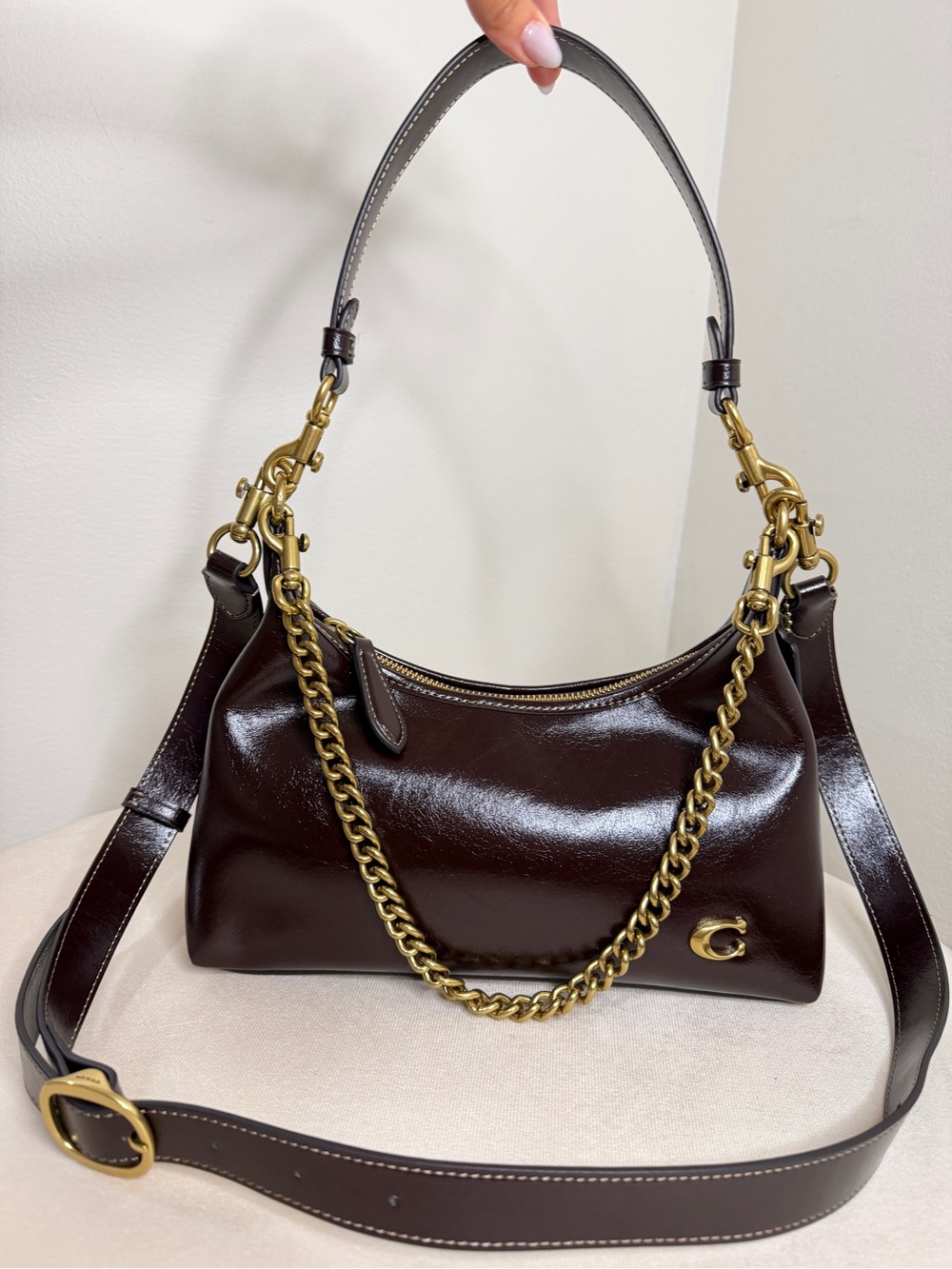 Coach Glazed Dark Brown Leather Shoulder bag Gold 25